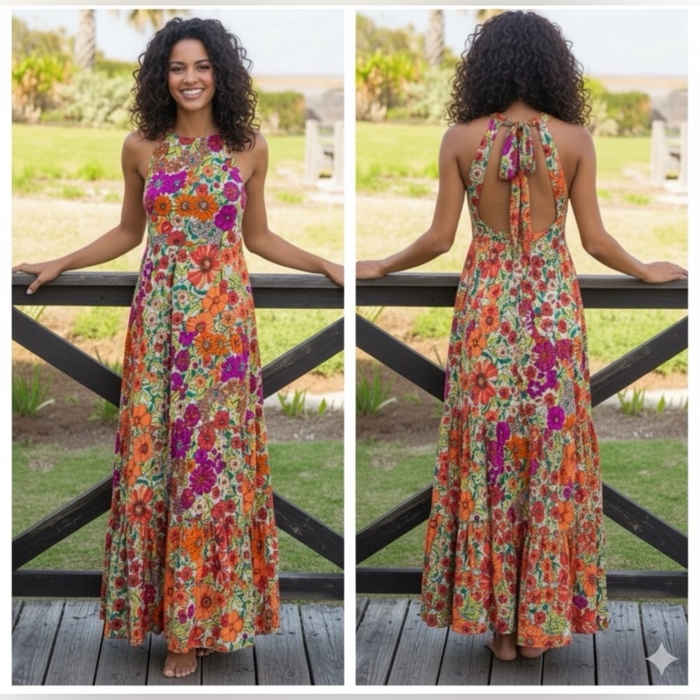 NATURAL LIFE Floral Halle Halter Maxi Dress in Orange, Pink, Green - NWT!